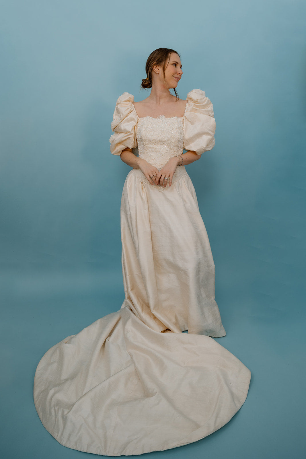 Michaela: 1991 Raw Silk Spanish Lace Custom-Made Wedding Dress