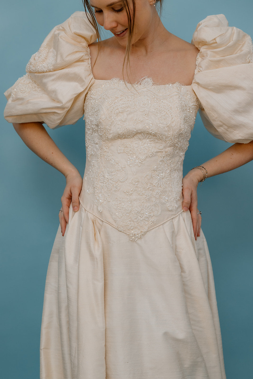 Michaela: 1991 Raw Silk Spanish Lace Custom-Made Wedding Dress