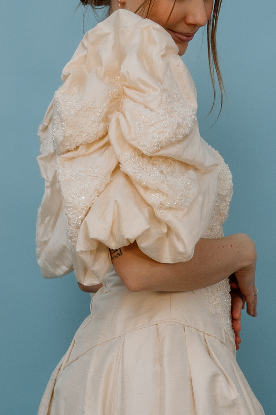 Michaela: 1991 Raw Silk Spanish Lace Custom-Made Wedding Dress