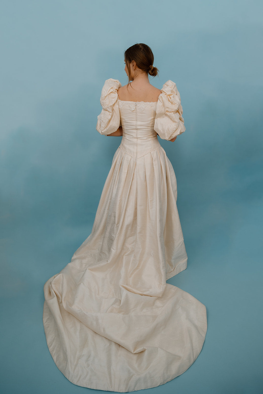 Michaela: 1991 Raw Silk Spanish Lace Custom-Made Wedding Dress