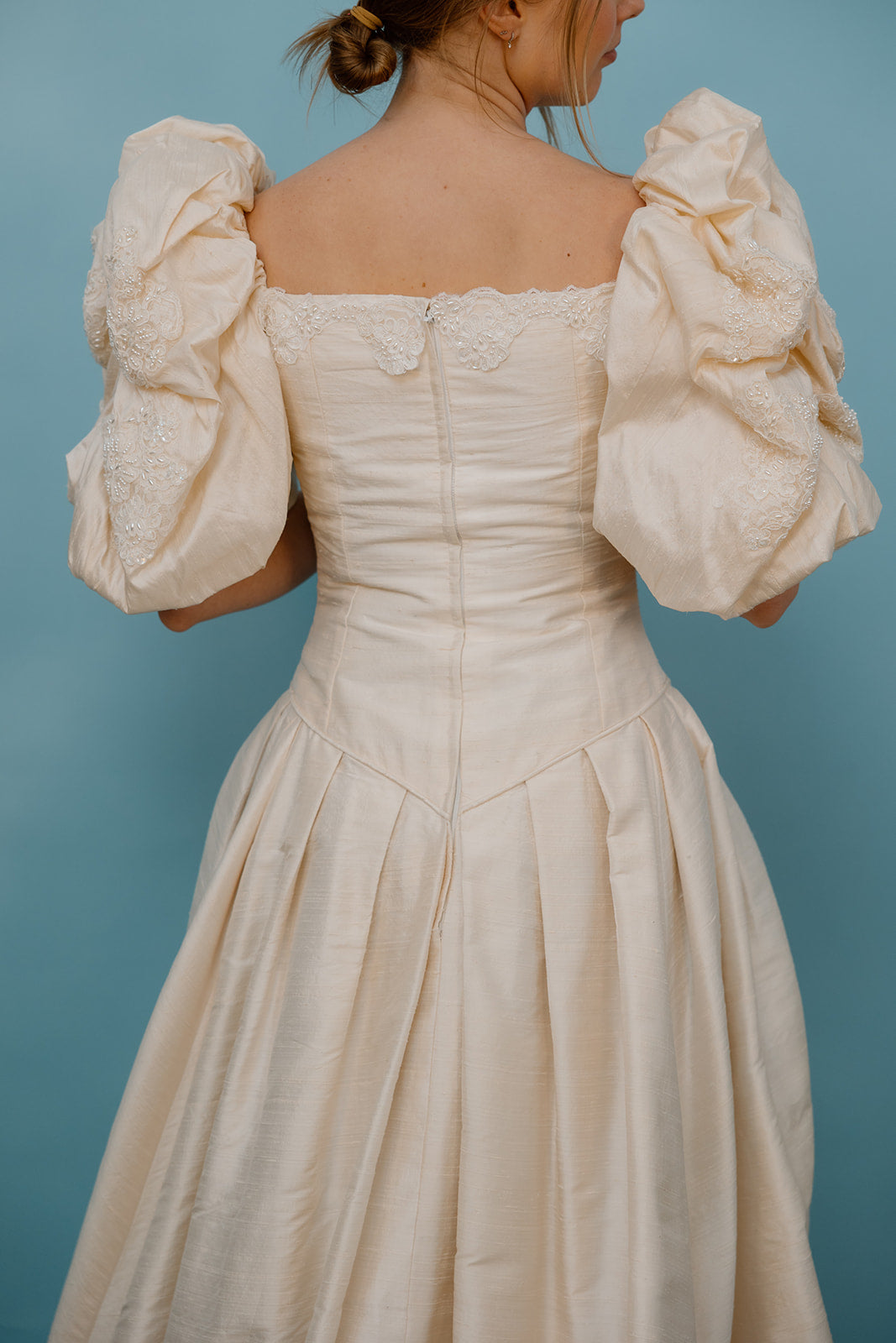 Michaela: 1991 Raw Silk Spanish Lace Custom-Made Wedding Dress
