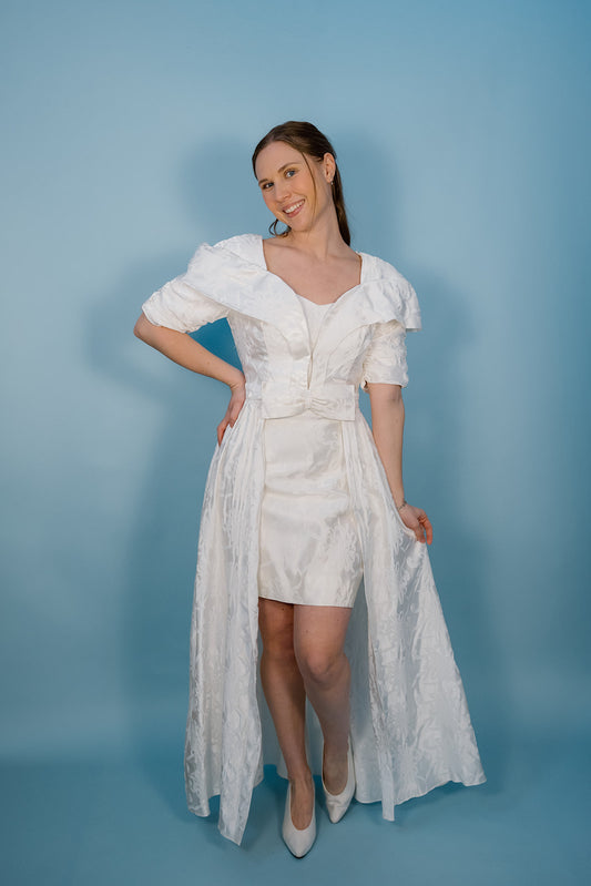 Anna: 1980s 2 pc set, strapless mini dress with cape over-jacket