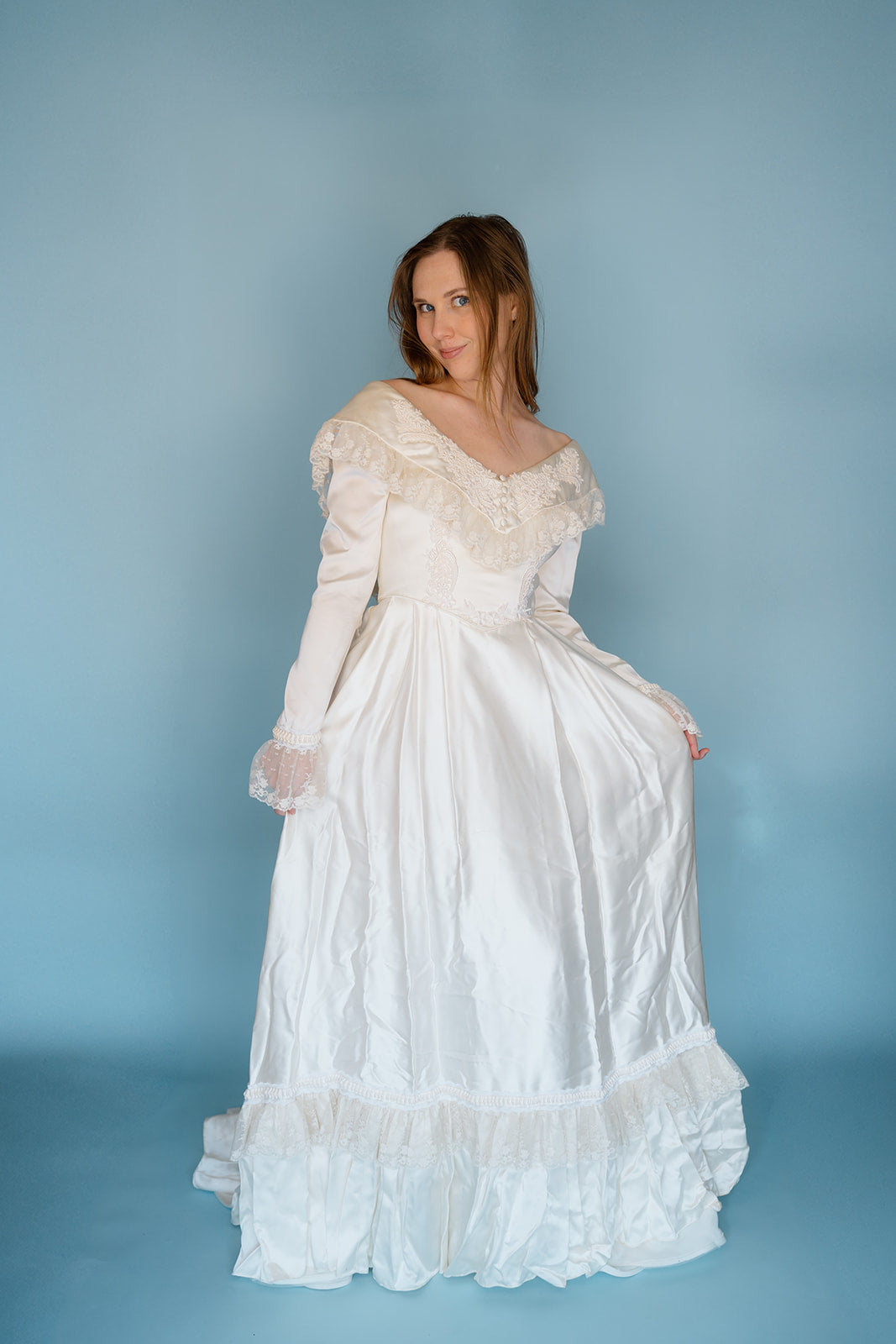 Mary Clare: 1983 Slipper Satin Gown with Boho Collar Detail