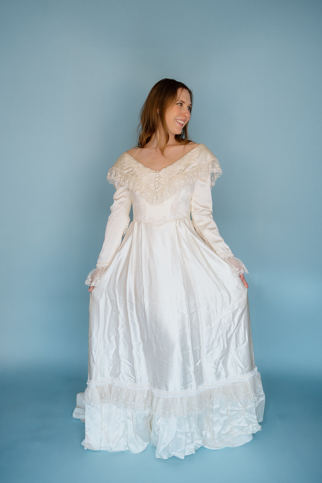 Mary Clare: 1983 Slipper Satin Gown with Boho Collar Detail
