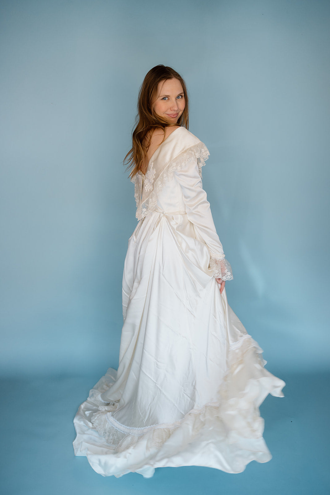 Mary Clare: 1983 Slipper Satin Gown with Boho Collar Detail