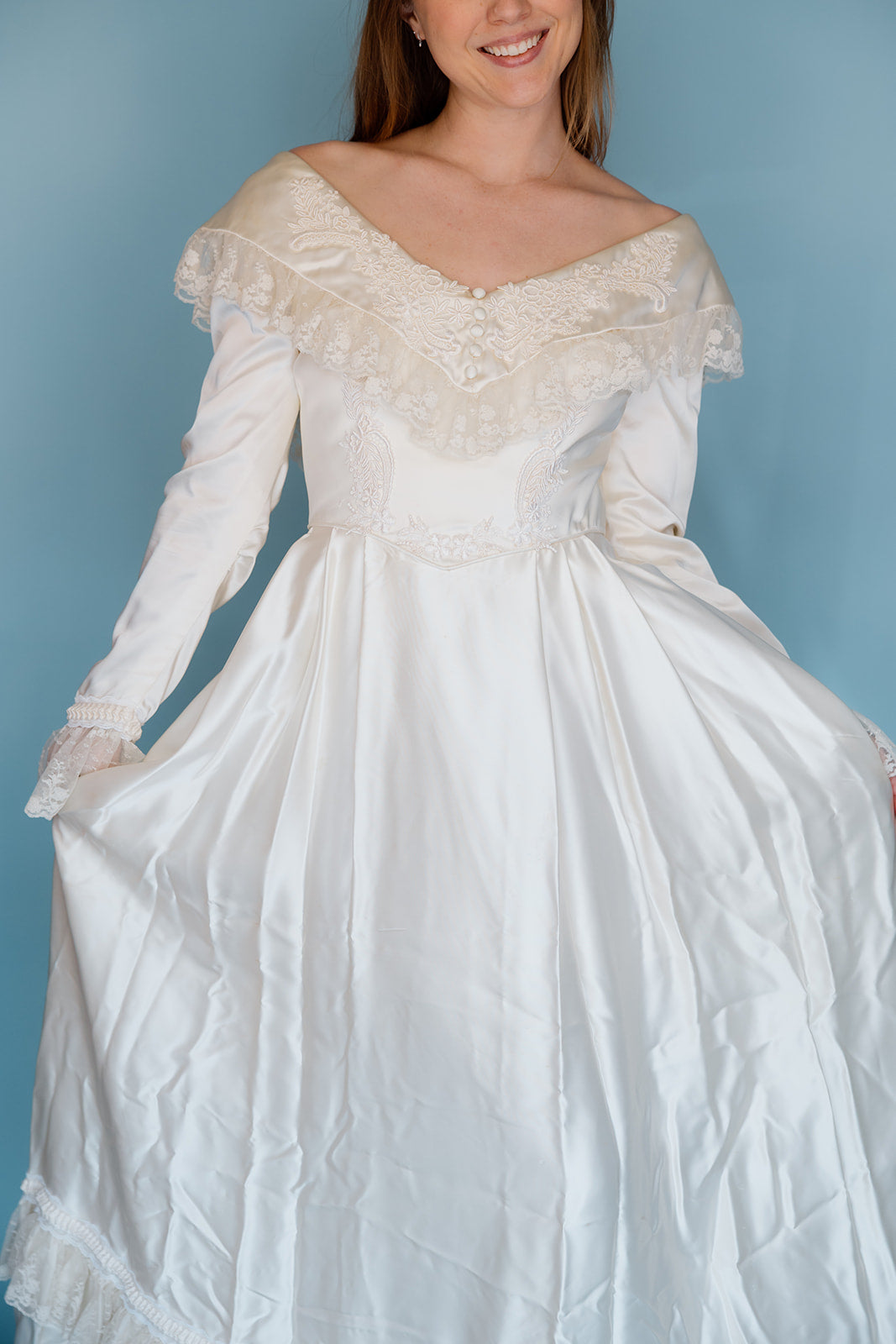 Mary Clare: 1983 Slipper Satin Gown with Boho Collar Detail