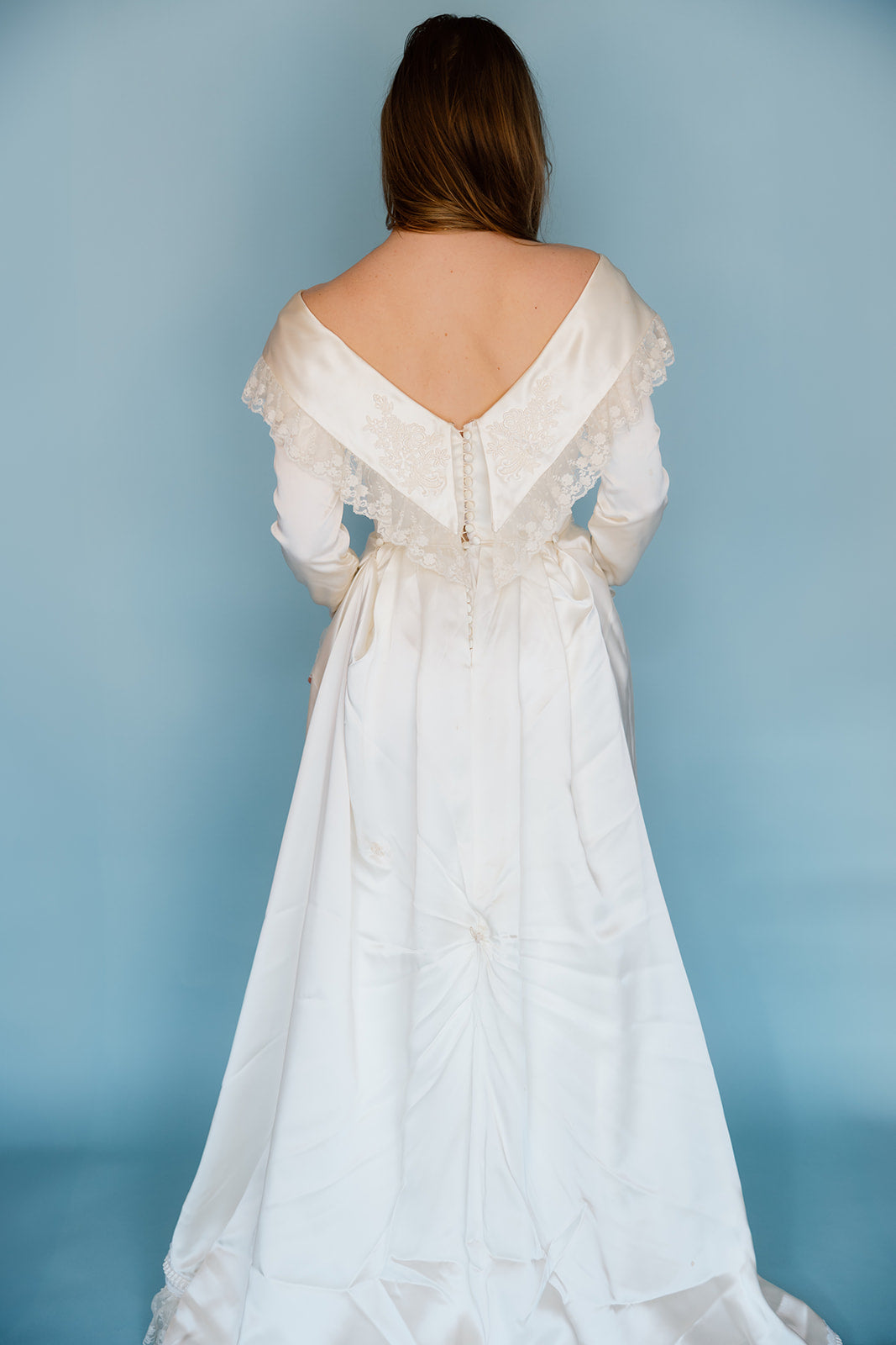 Mary Clare: 1983 Slipper Satin Gown with Boho Collar Detail