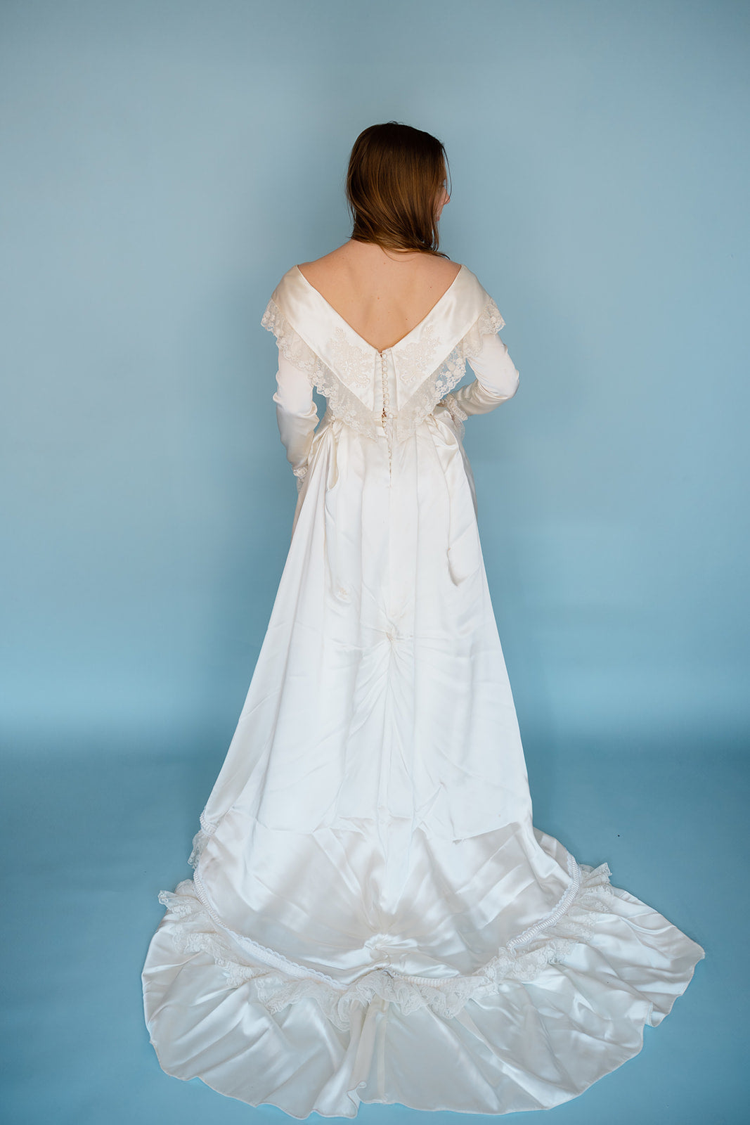 Mary Clare: 1983 Slipper Satin Gown with Boho Collar Detail