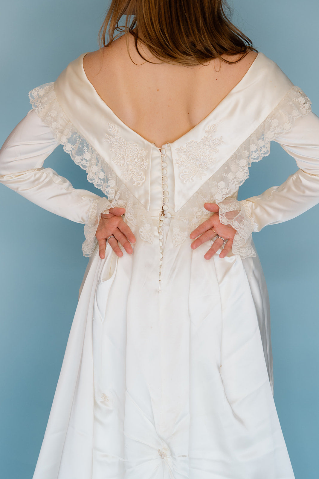 Mary Clare: 1983 Slipper Satin Gown with Boho Collar Detail