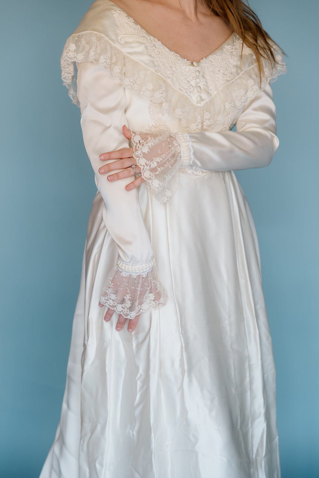 Mary Clare: 1983 Slipper Satin Gown with Boho Collar Detail