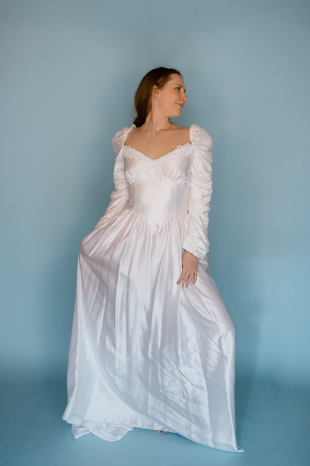 Sharon: White 1980s Gown with Rouched Long Sleeves