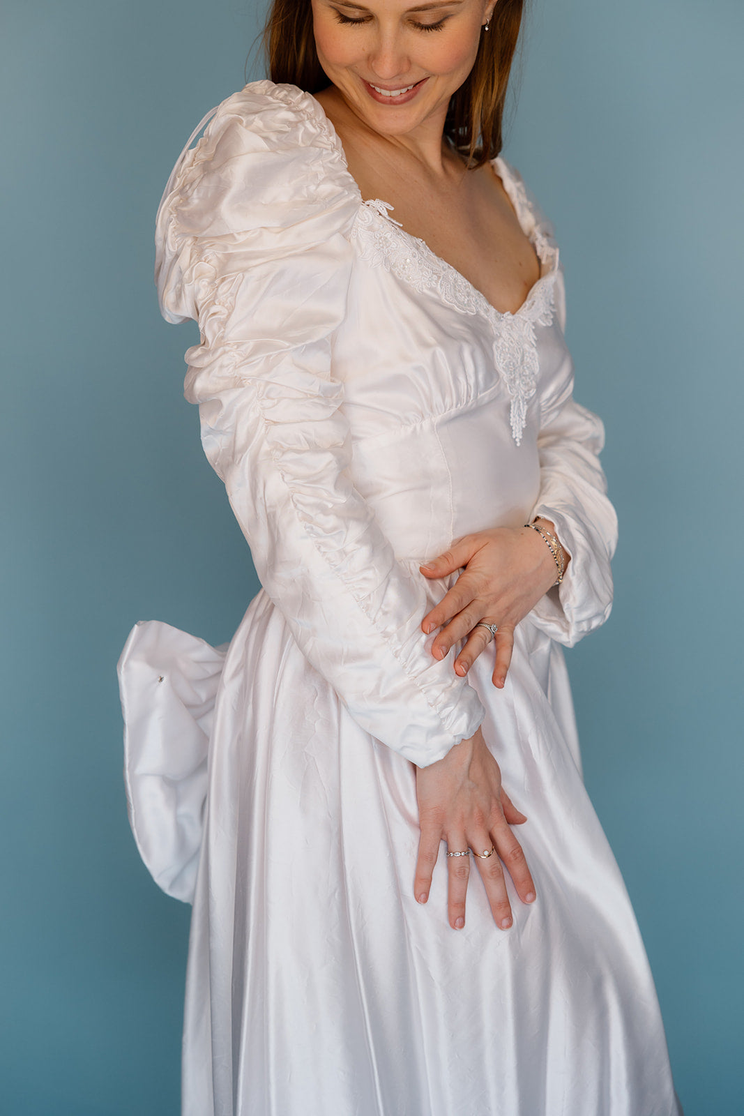 Sharon: White 1980s Gown with Rouched Long Sleeves