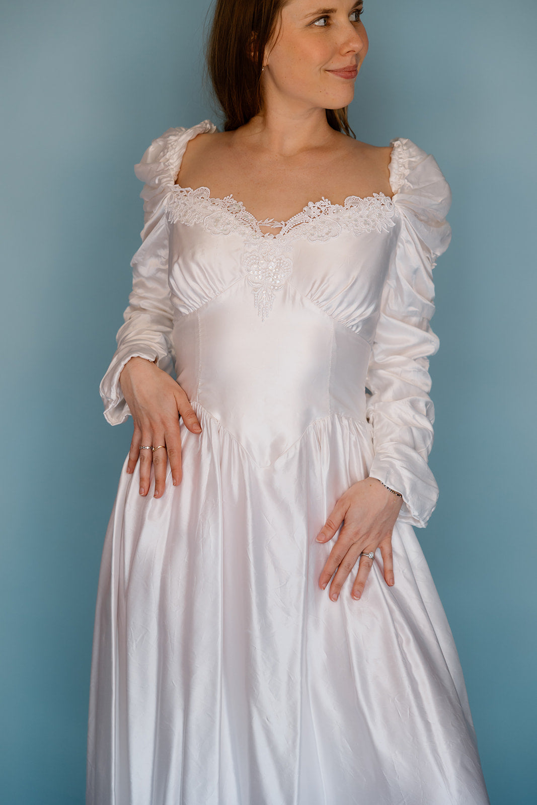 Sharon: White 1980s Gown with Rouched Long Sleeves