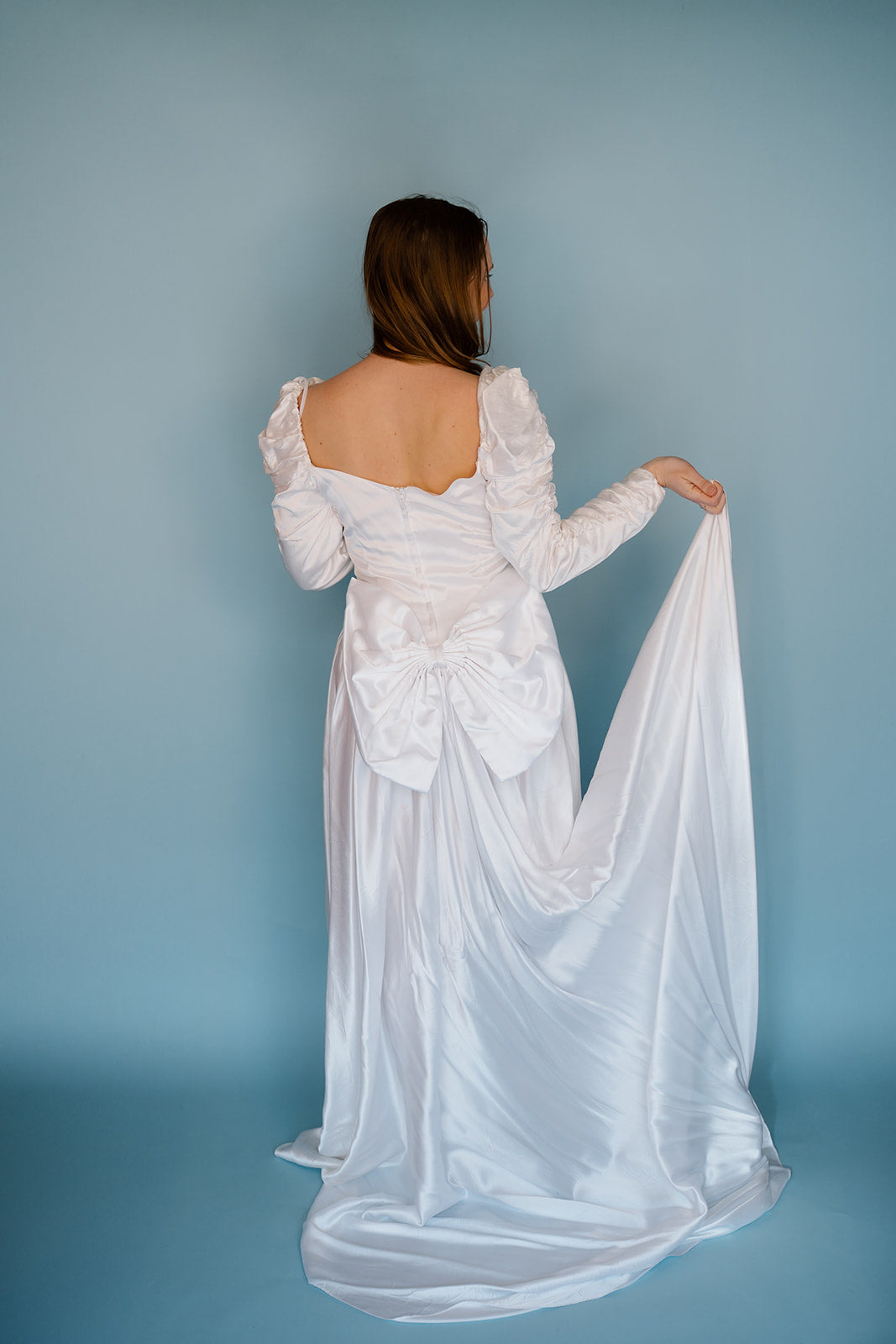 Sharon: White 1980s Gown with Rouched Long Sleeves