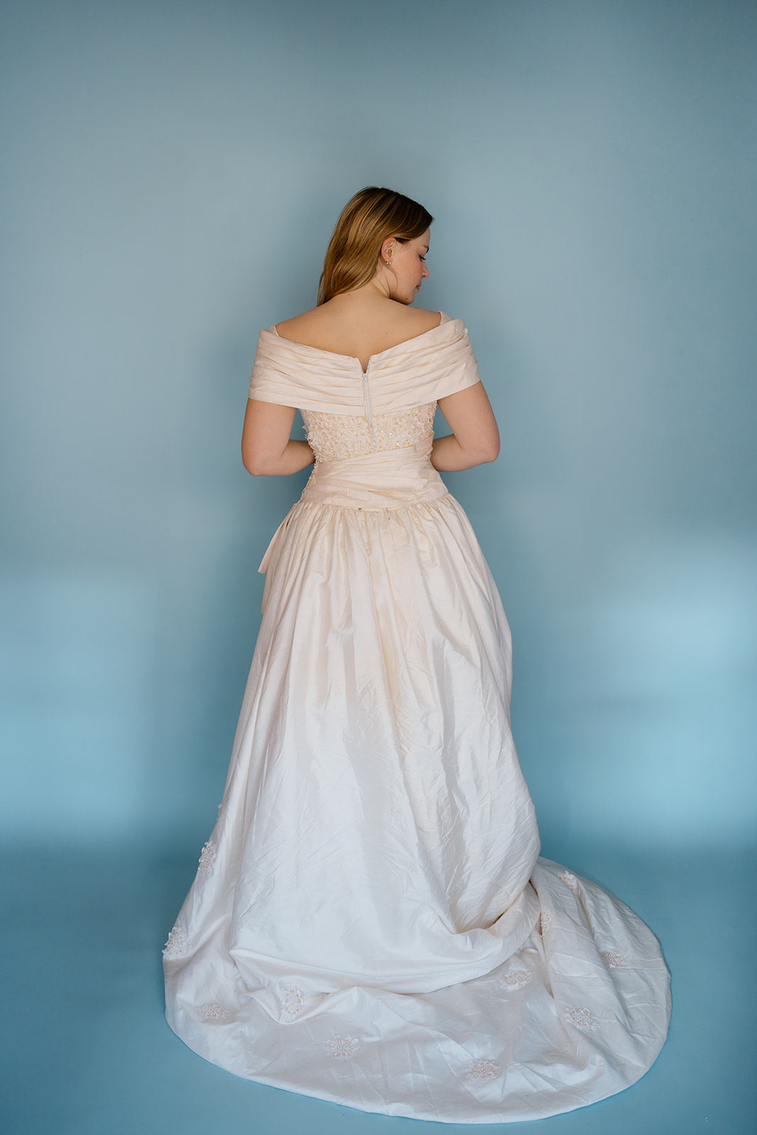 Quinn: 100% silk ivory ballgown with pearls and rouching