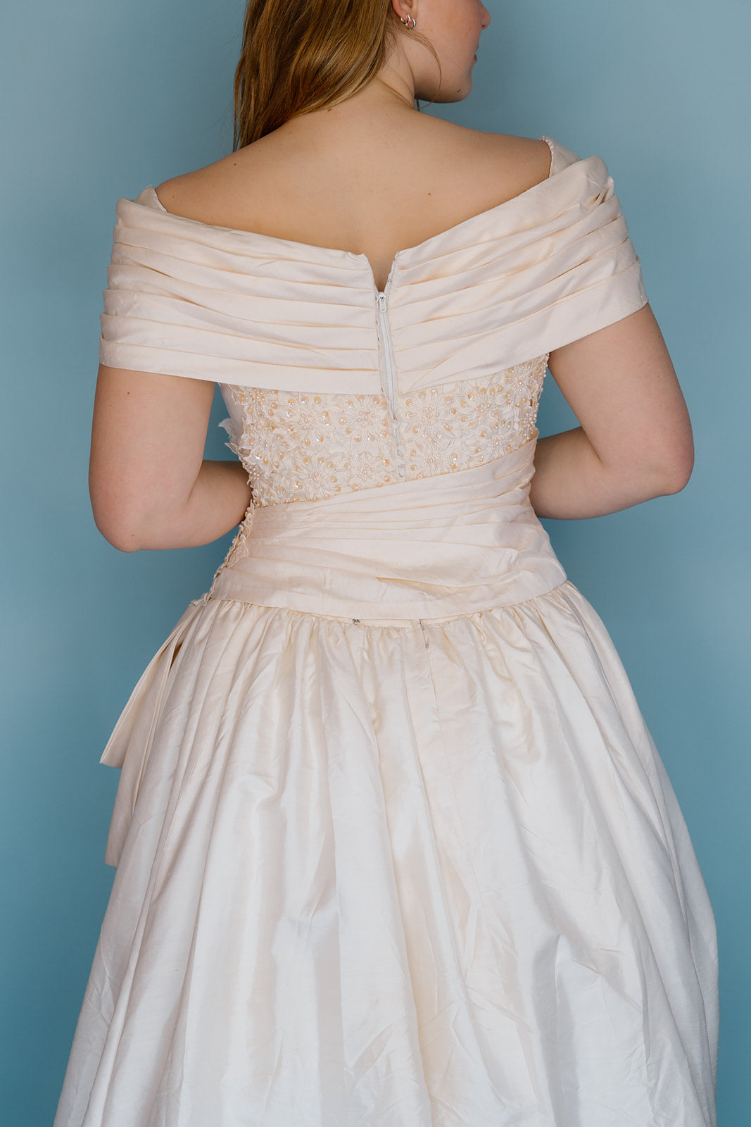 Quinn: 100% silk ivory ballgown with pearls and rouching