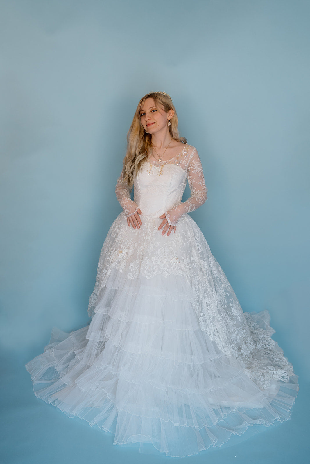 Betty: 1950s ballgown with tiered front and beaded neckline