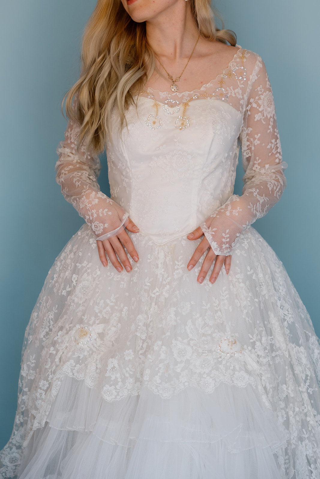 Betty: 1950s ballgown with tiered front and beaded neckline