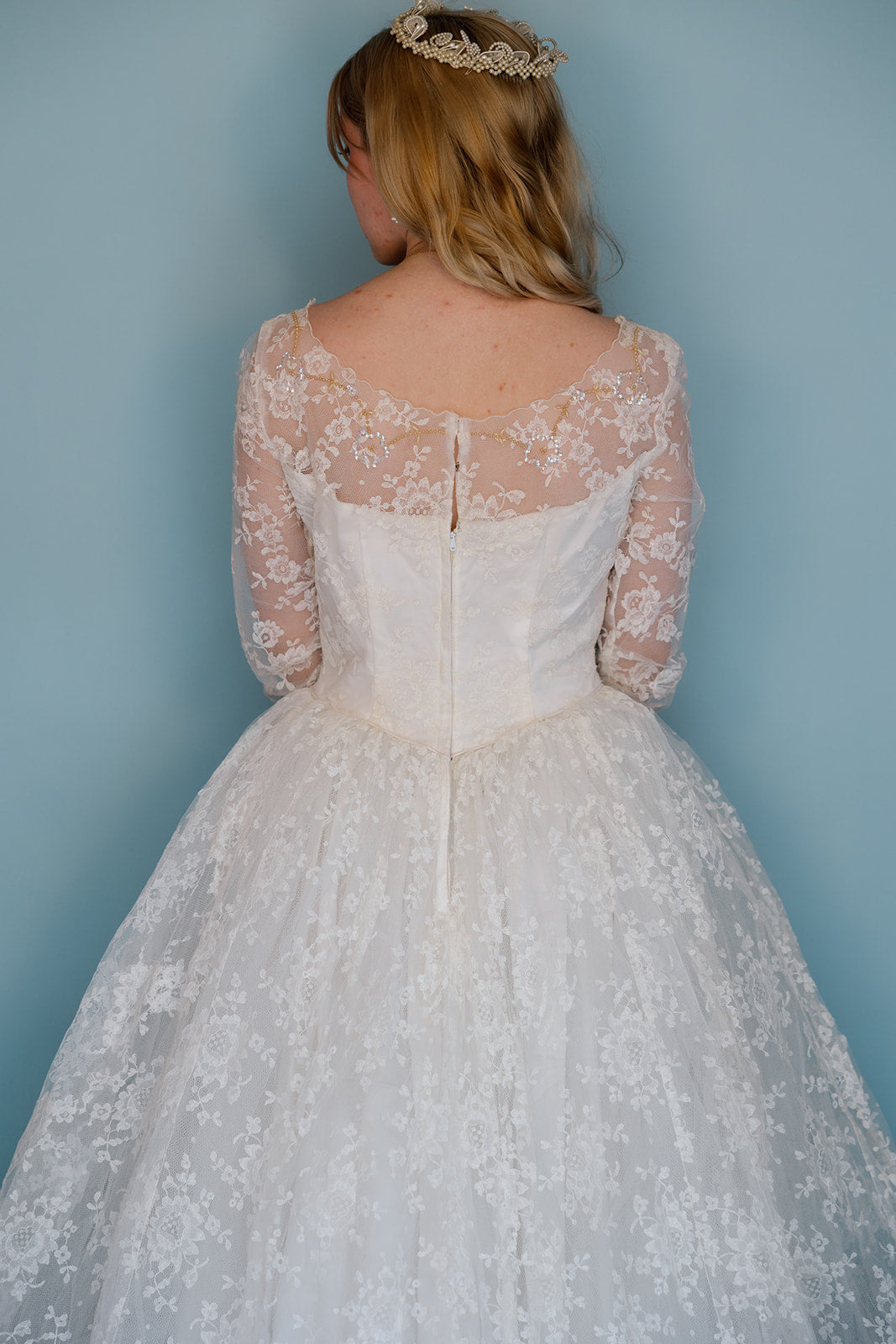 Betty: 1950s ballgown with tiered front and beaded neckline