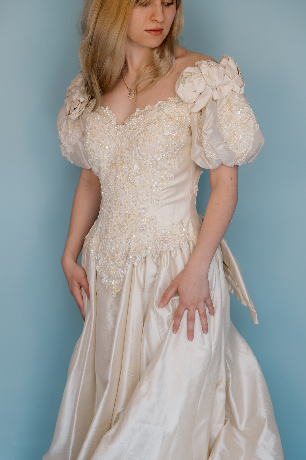 Carolyn: 1986, 100% silk, pearl and floral ballgown