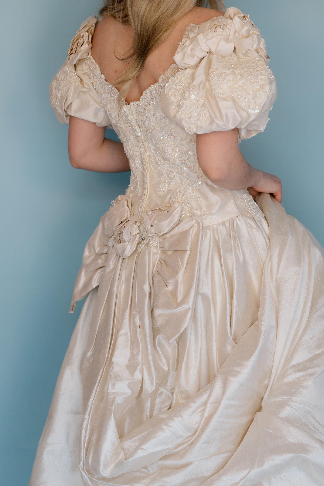 Carolyn: 1986, 100% silk, pearl and floral ballgown