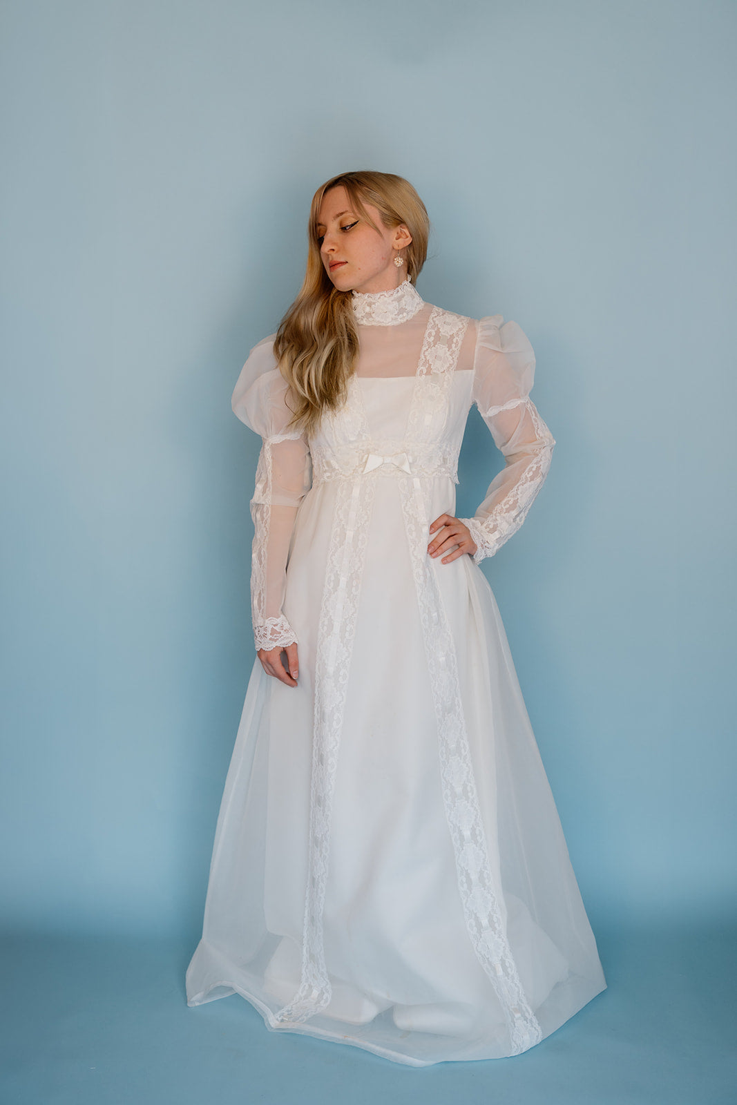 Lily: 1960s lace and chiffon gown with no train – Juniper Lane