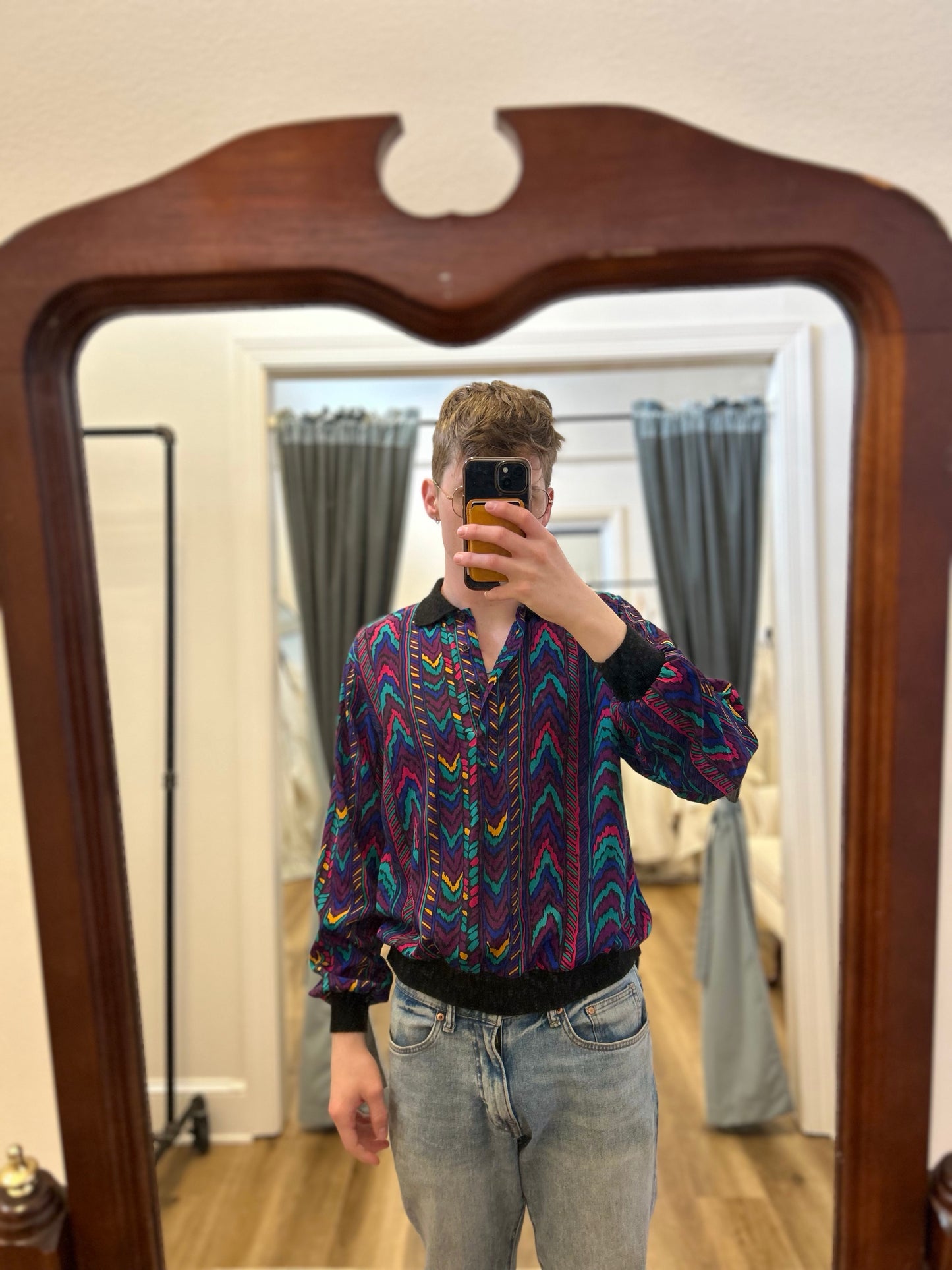 80s Colorful Polo Blouse (L)