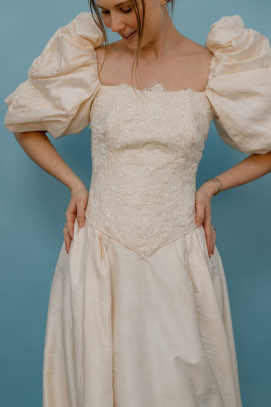 Michaela: 1991 Raw Silk Spanish Lace Custom-Made Wedding Dress