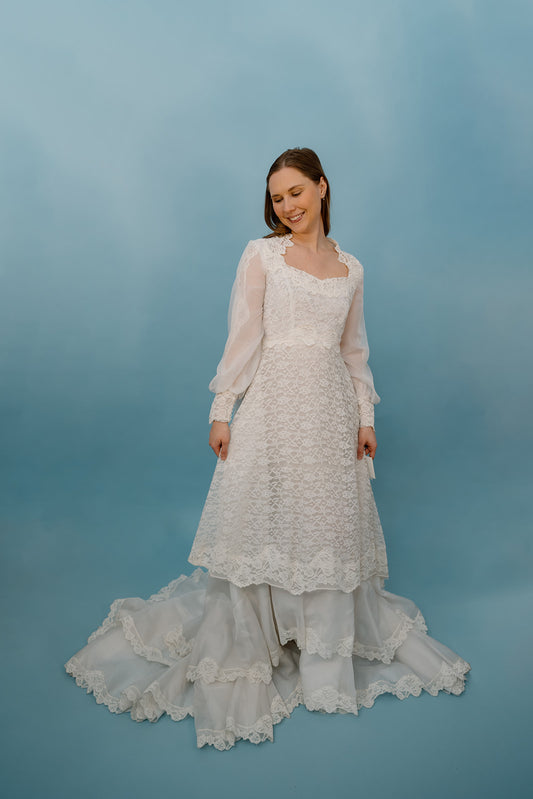Drew: 1970s Tiered Lace, A-Line Gown