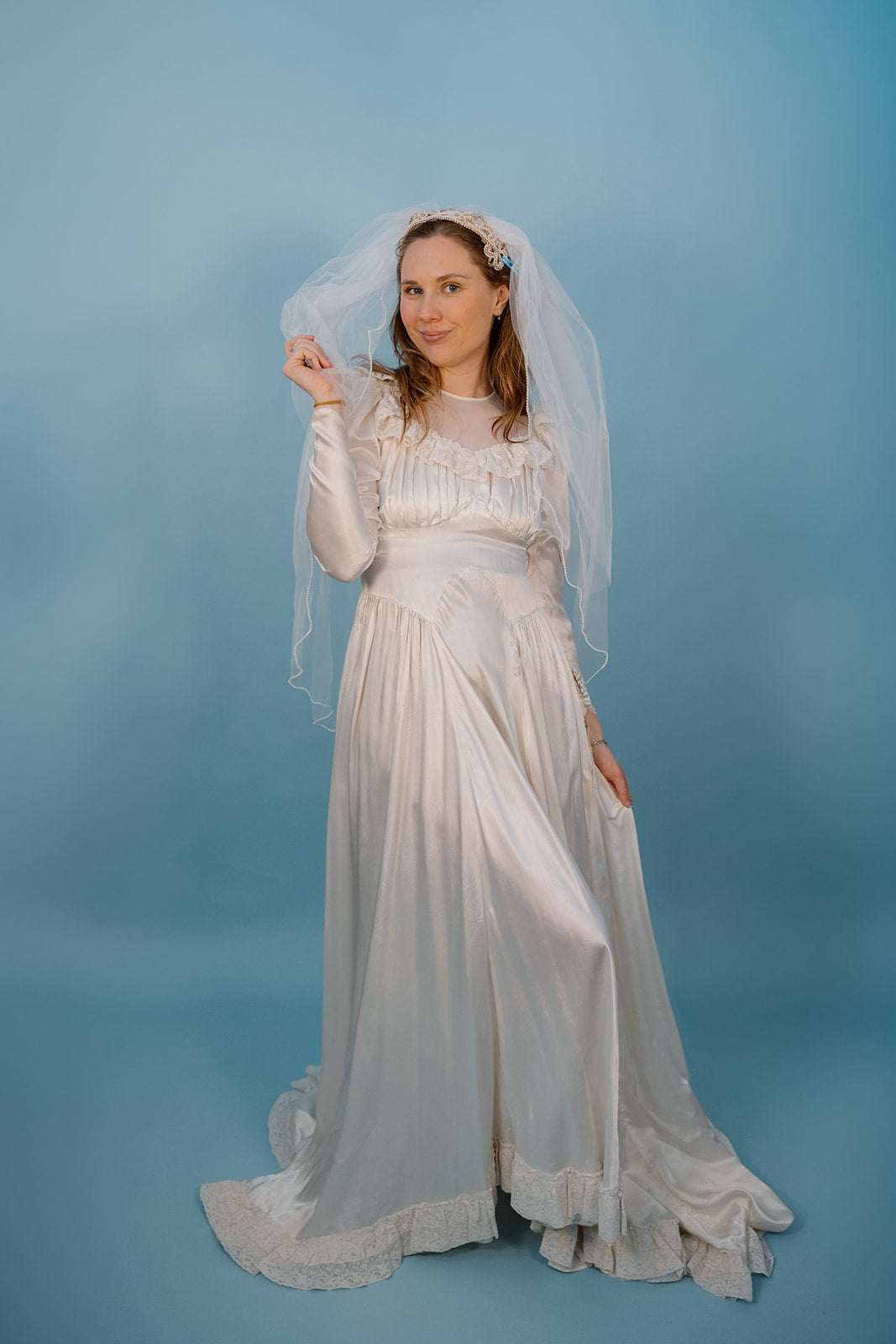 LB: 1947 Ivory Satin Wedding Dress Juniper Lane LB: 1947 Ivory Satin Wedding Dress Juniper Lane