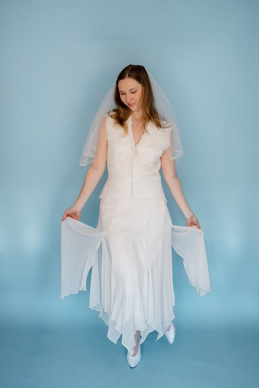 Marigold: 100% silk 2 pc set with handkerchief skirt