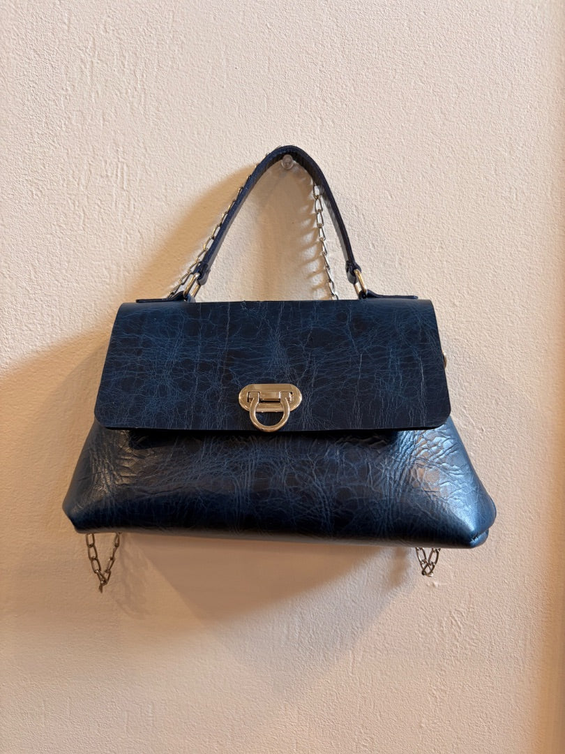 *Handmade Leather | Flap Top Purse (Navy/Silver Chain)