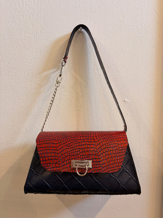 *Handmade Leather | Flap Top Purse (Black/Red Croc)
