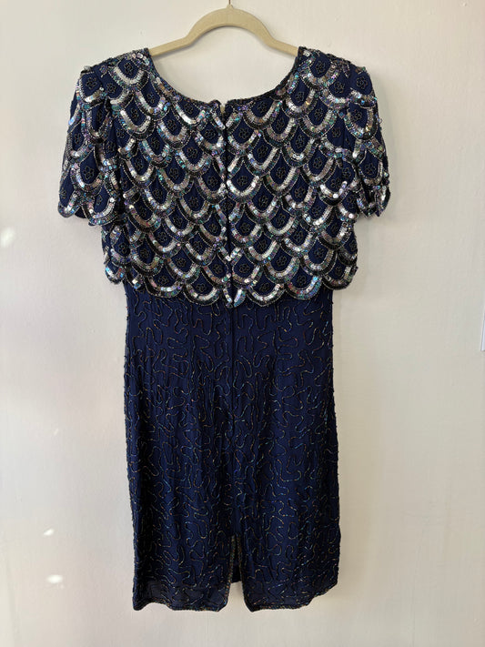 Navy Mini Party Dress, Silver Beading