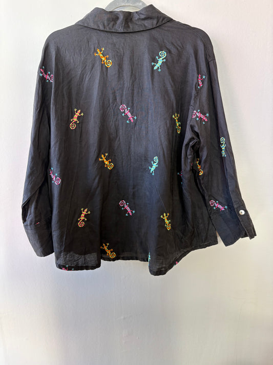 100% Linen Black Button Up W/ Geckos (XL)