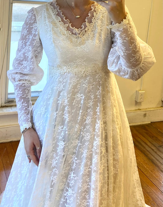 1970s Long-Sleeved + Lace Wedding Dress