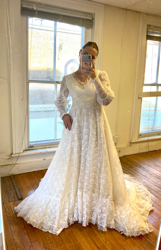 1970s Long-Sleeved + Lace Wedding Dress