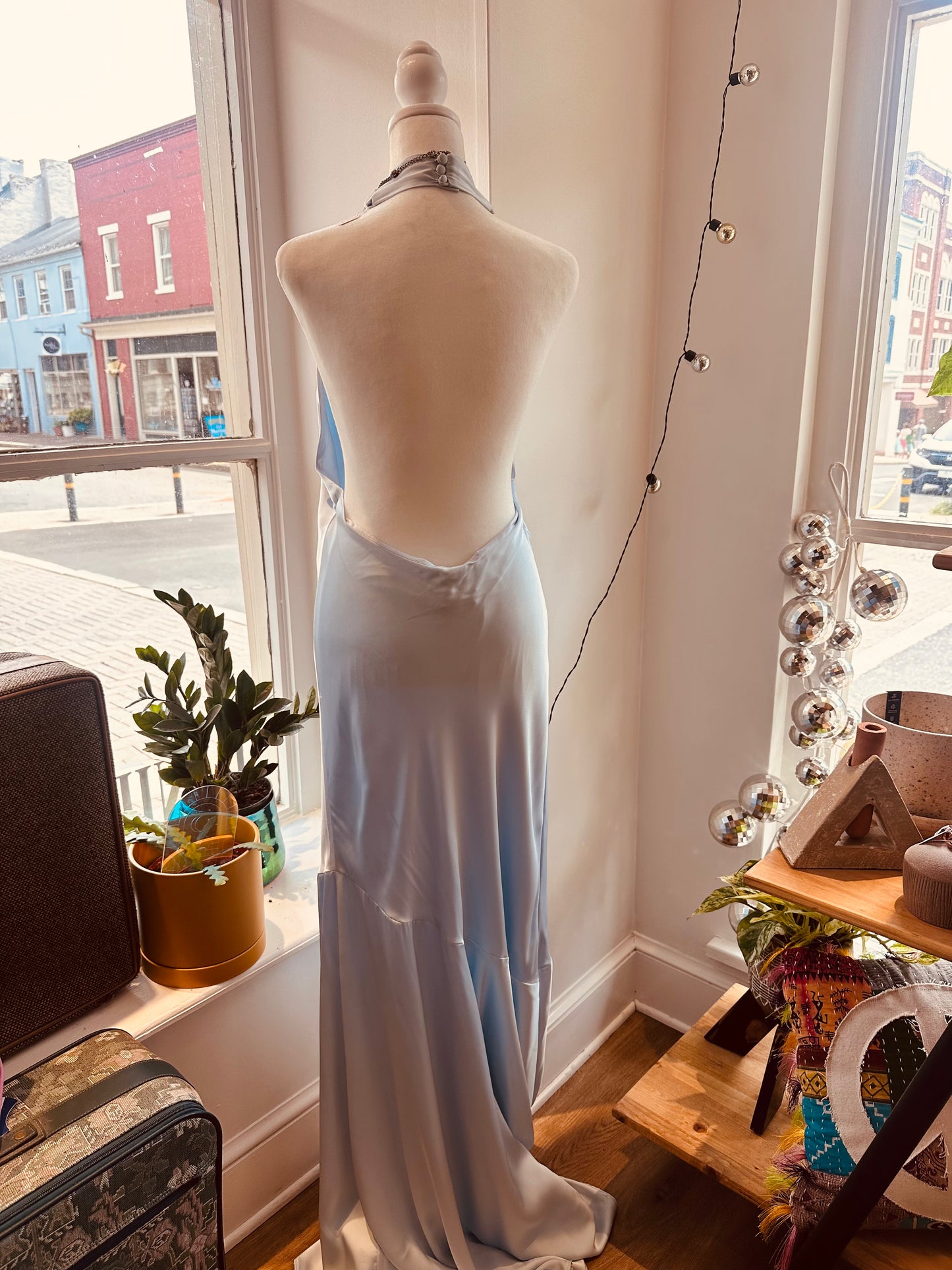 Birdy Grey Light Blue Silky Halter Dress (L)