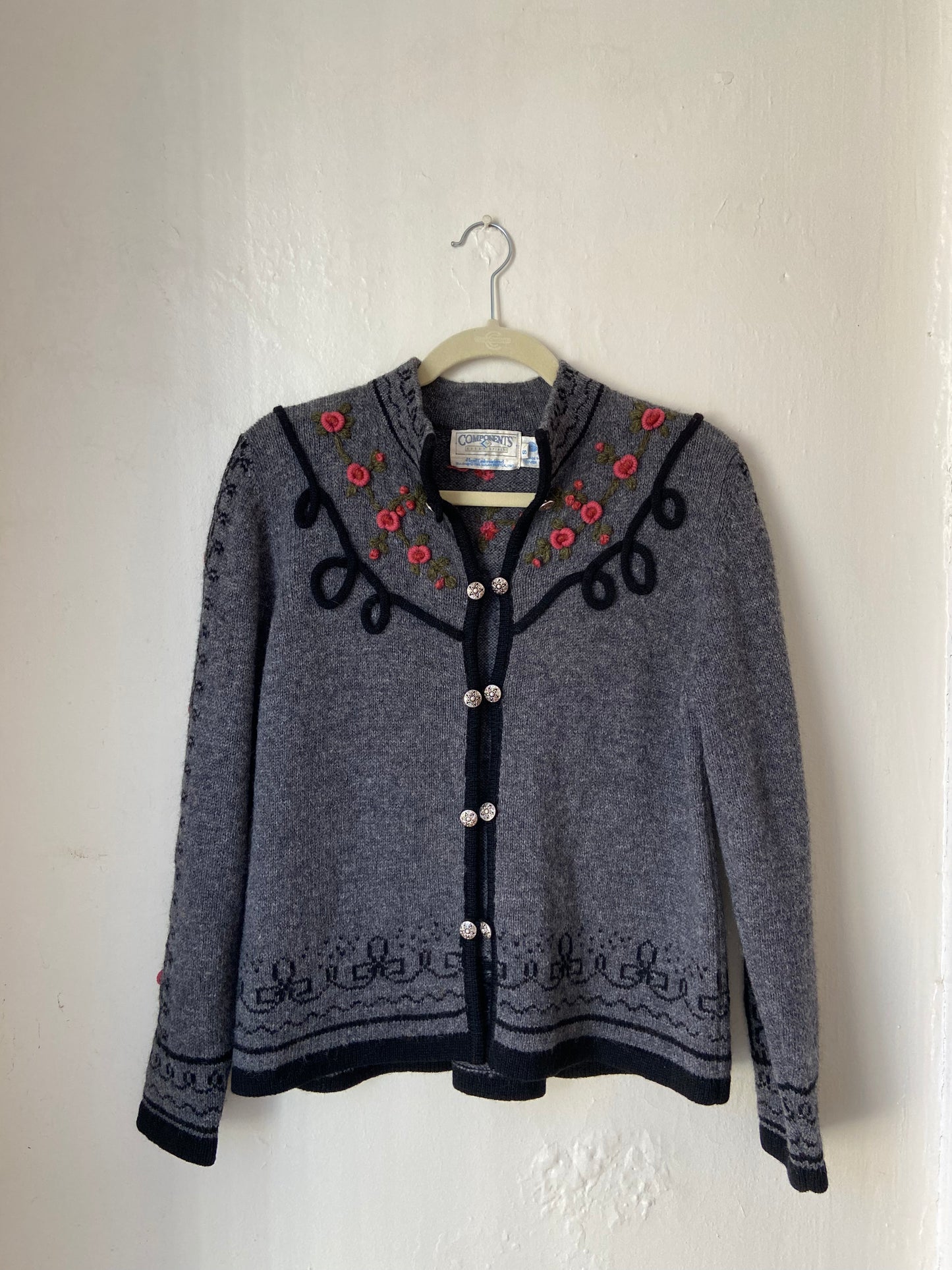 Gray Wool Sweater with Rose + Black Trim