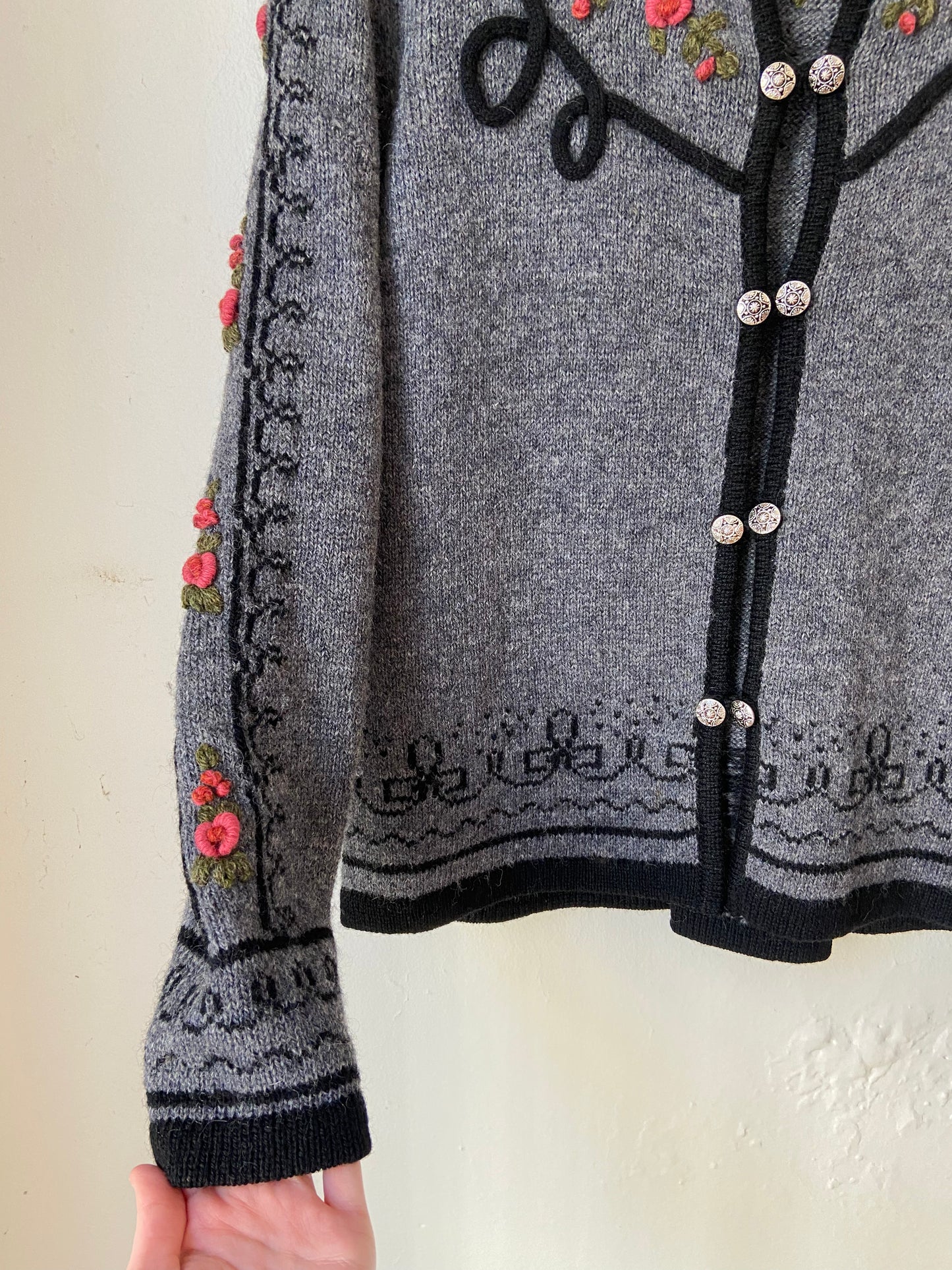 Gray Wool Sweater with Rose + Black Trim