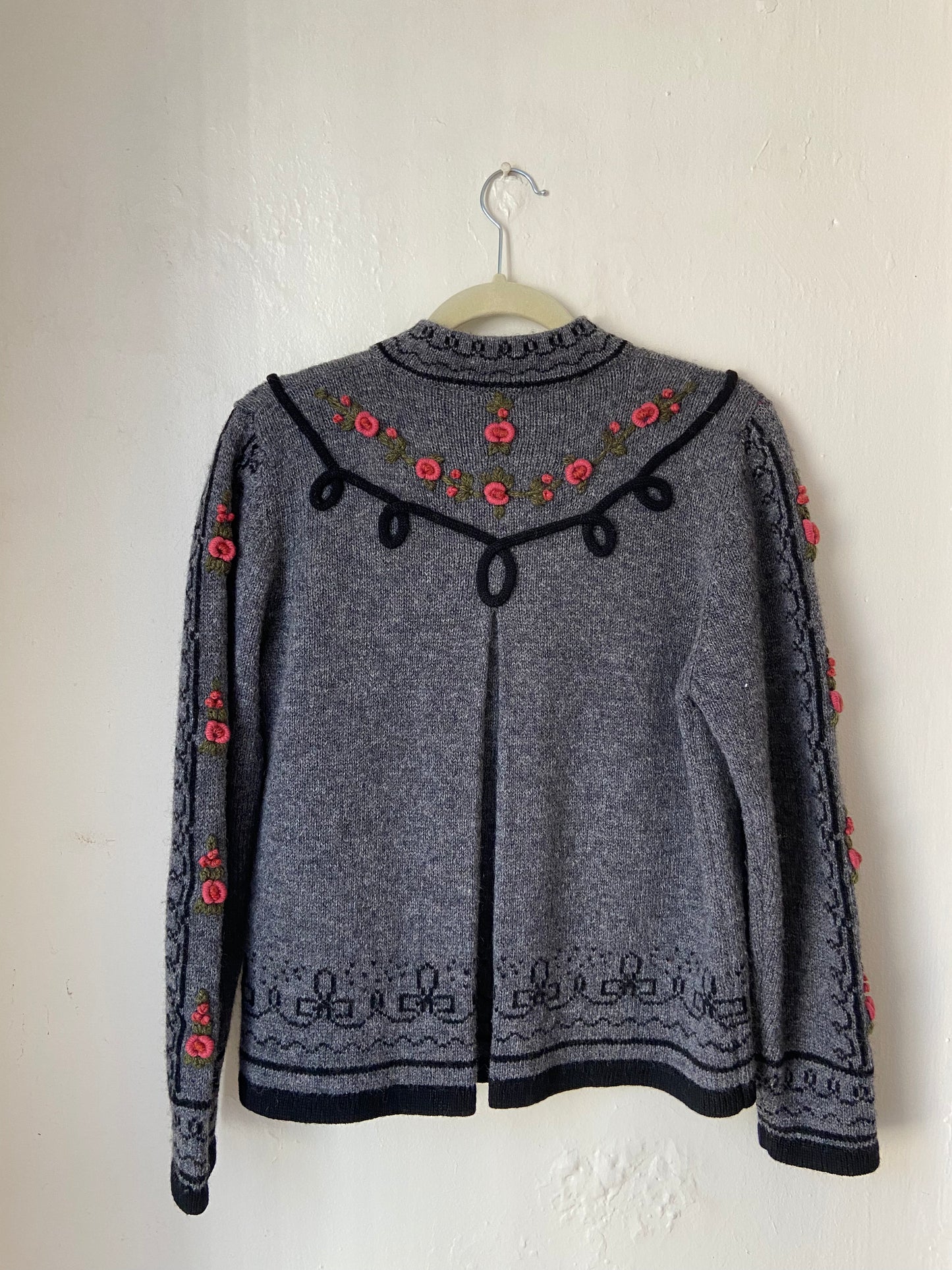 Gray Wool Sweater with Rose + Black Trim