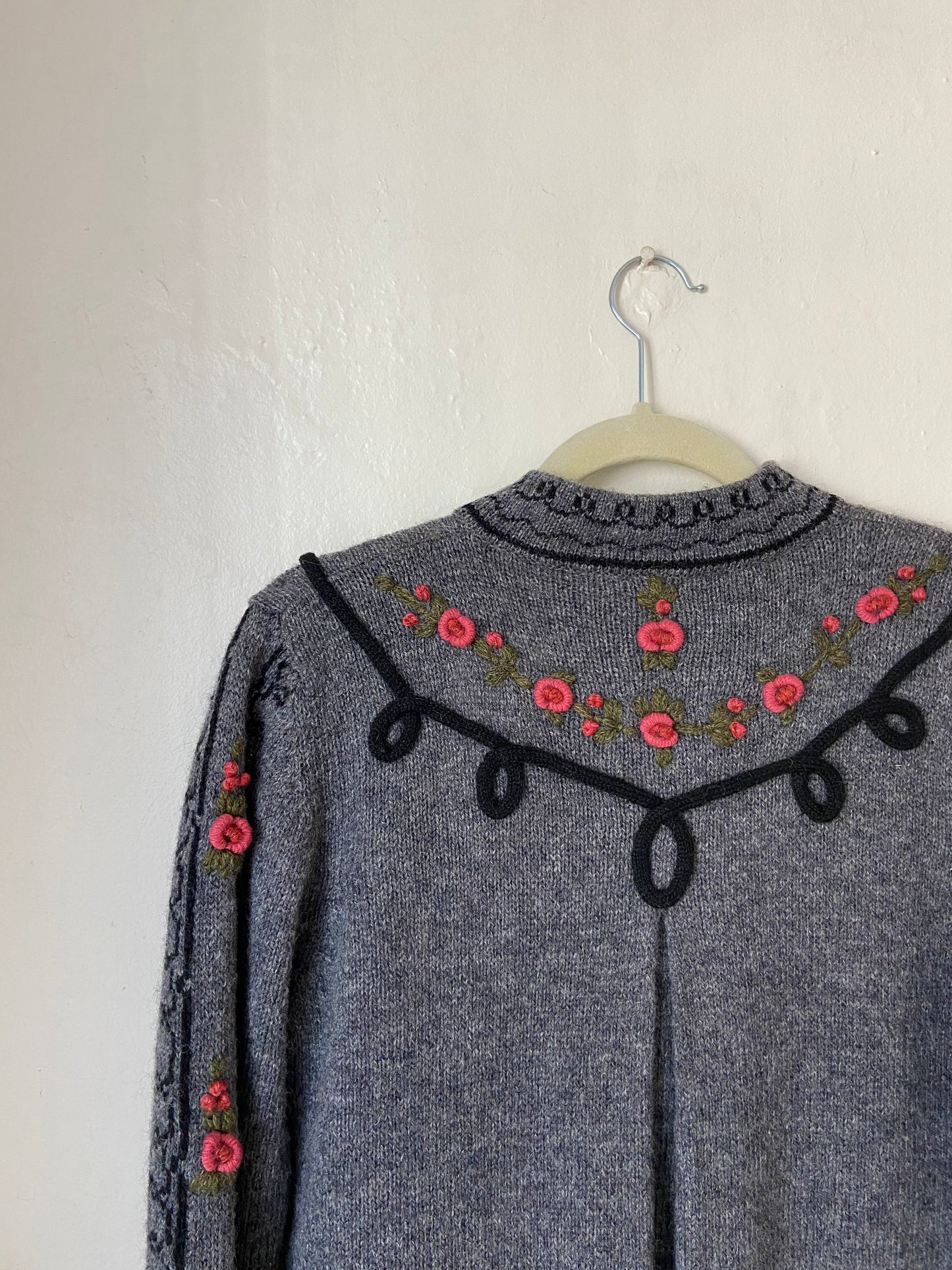 Gray Wool Sweater with Rose + Black Trim