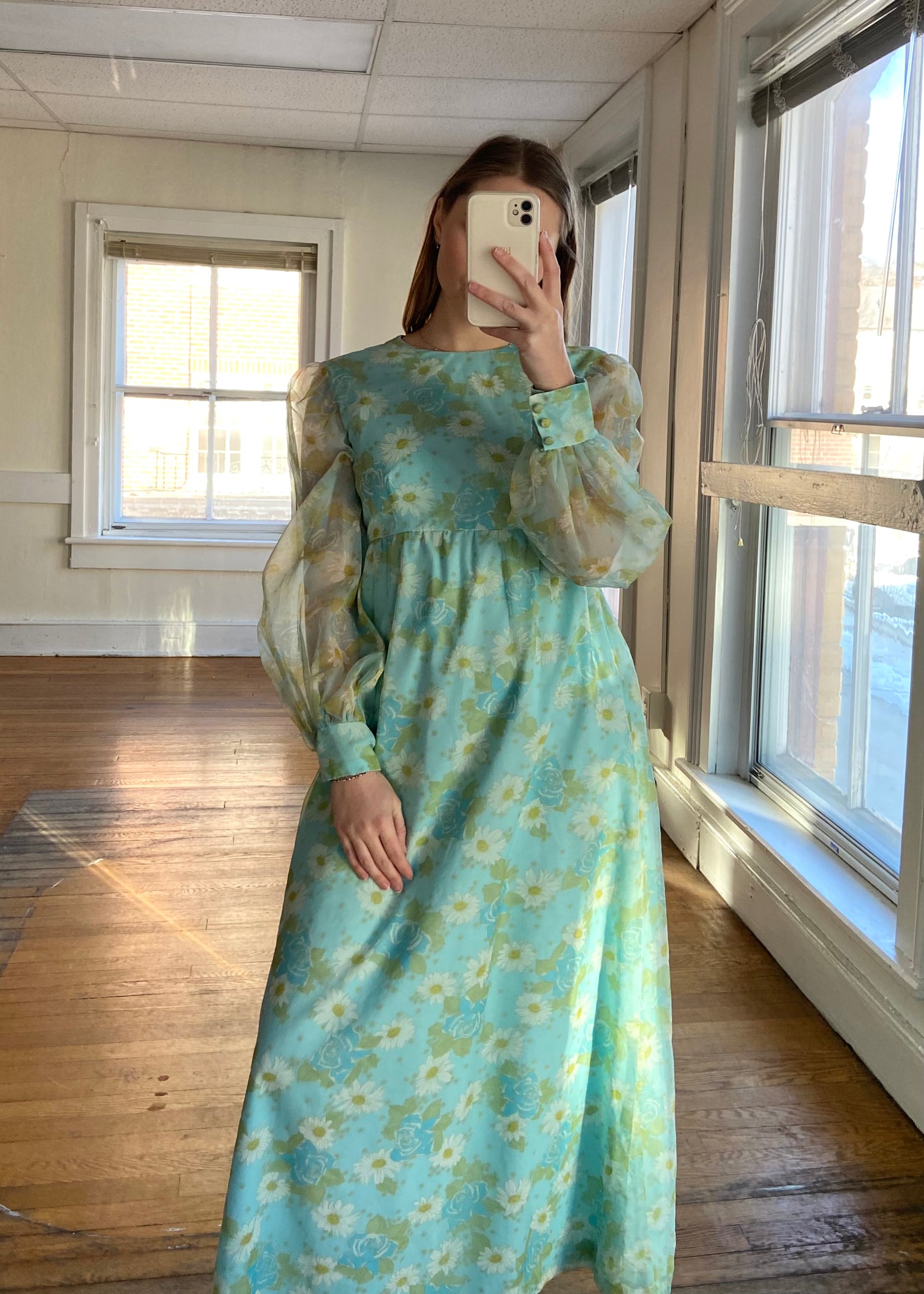 Handmade Teal Dress + Sheer Floral