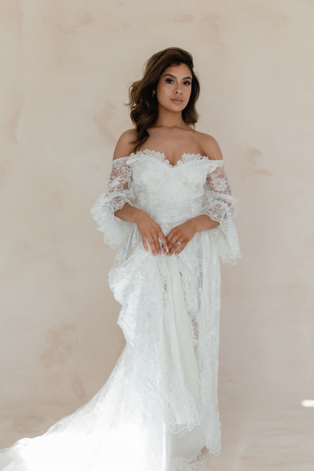 Riley: Boho Lace Off-the-Shoulder Wedding Dress – Juniper Lane